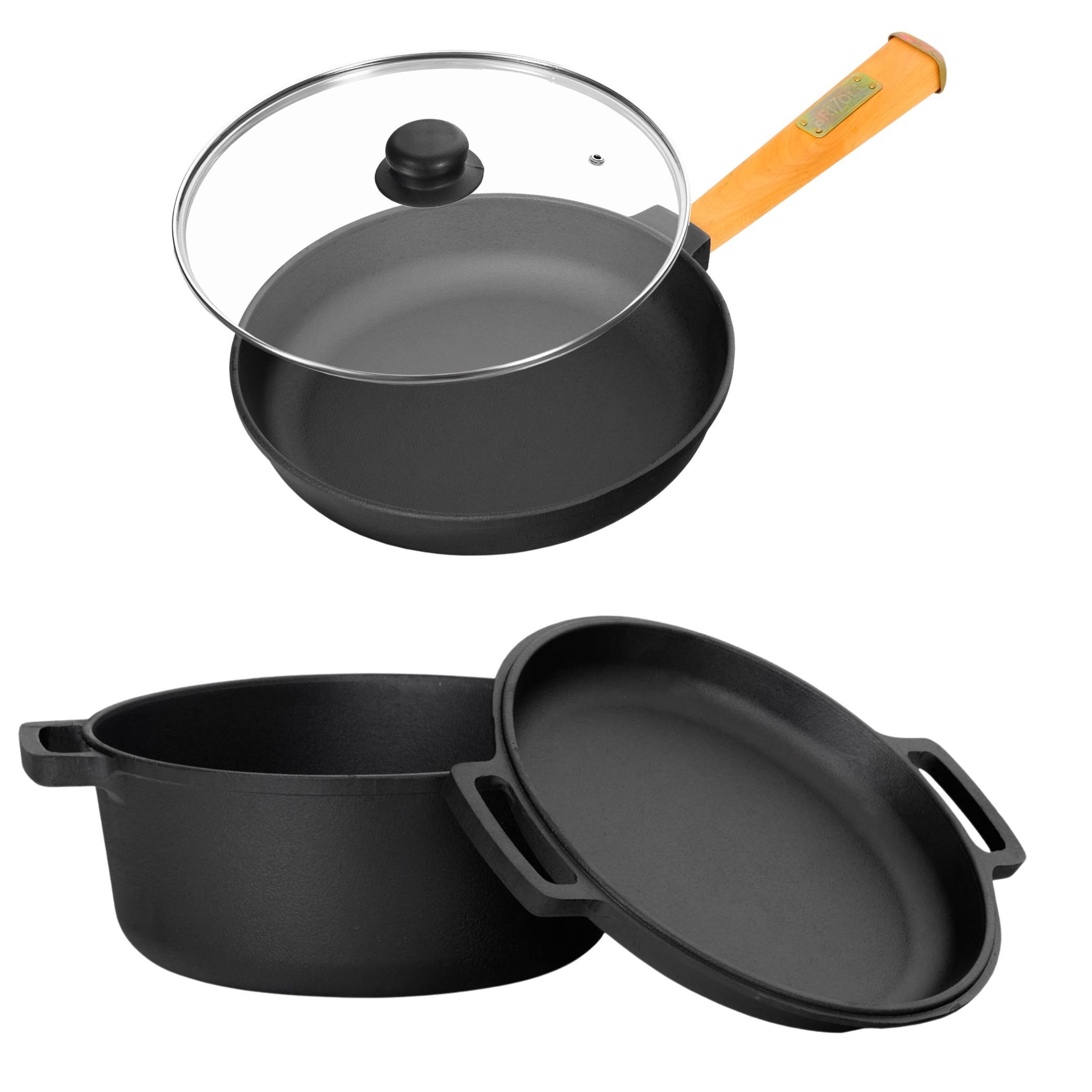 Gusseisen Set Ø24 cm Topf Gusseisentopf Deckel-Bratpfanne Kochtopf Bratpfanne Glasdeckel Brotbacken Brotbackform alle Herdarten inkl. Induktion